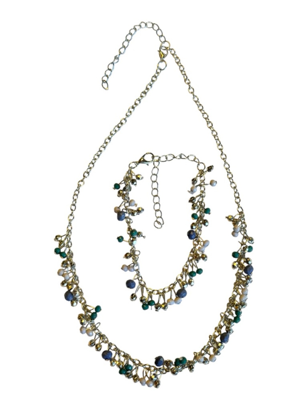 Silver Tone Beaded Necklace Bracelet Set Blue Green Cluster Boho Dangle EUC